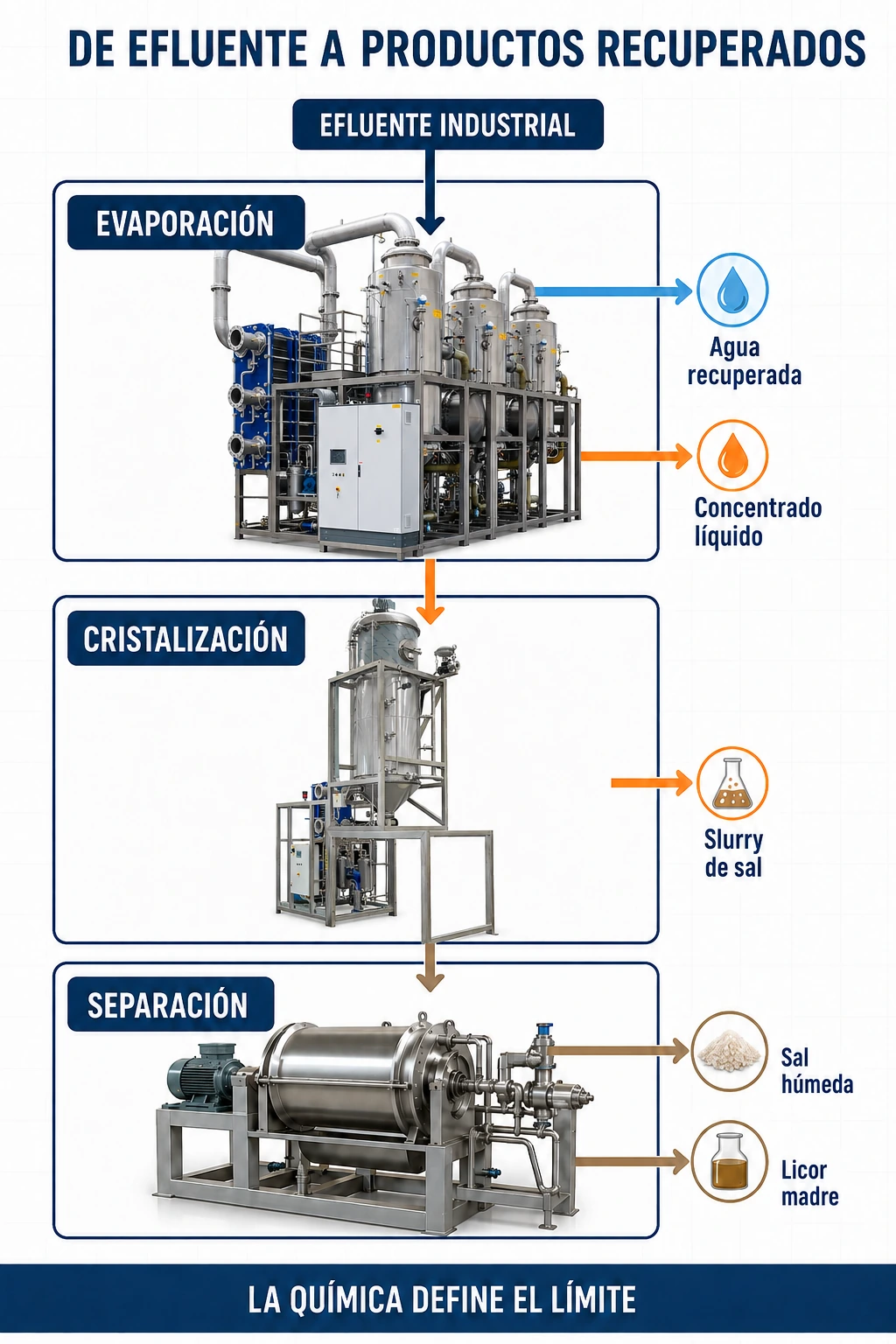 Proceso de evaporación, cristalización y separación de sales en aguas residuales industriales