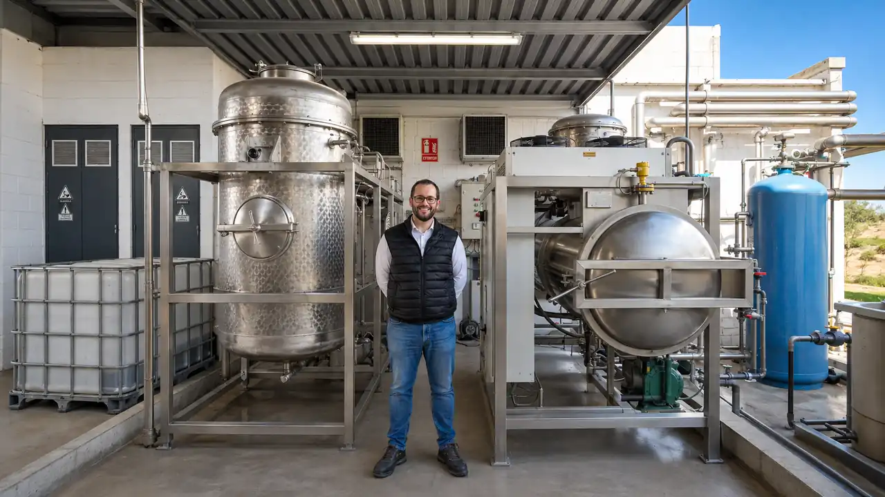 Marc Albert junto a un evaporador al vacío en una planta de tratamiento de aguas residuales industriales