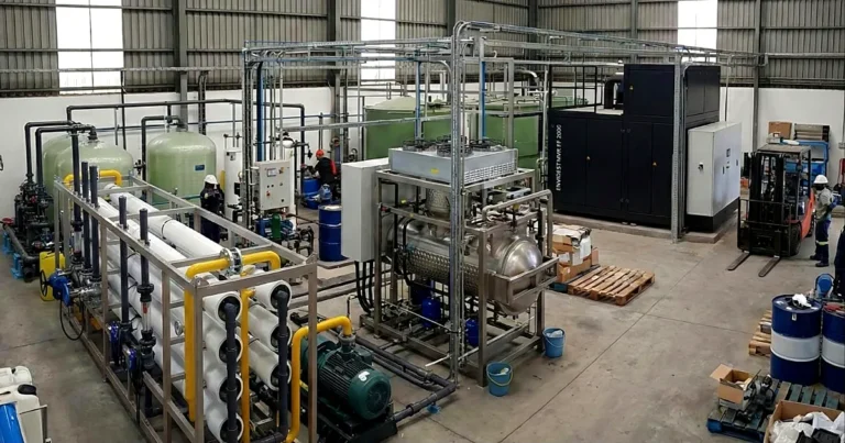 Bastidor de ósmosis inversa con tubos de presión y evaporador MVR en una planta industrial de tratamiento de aguas